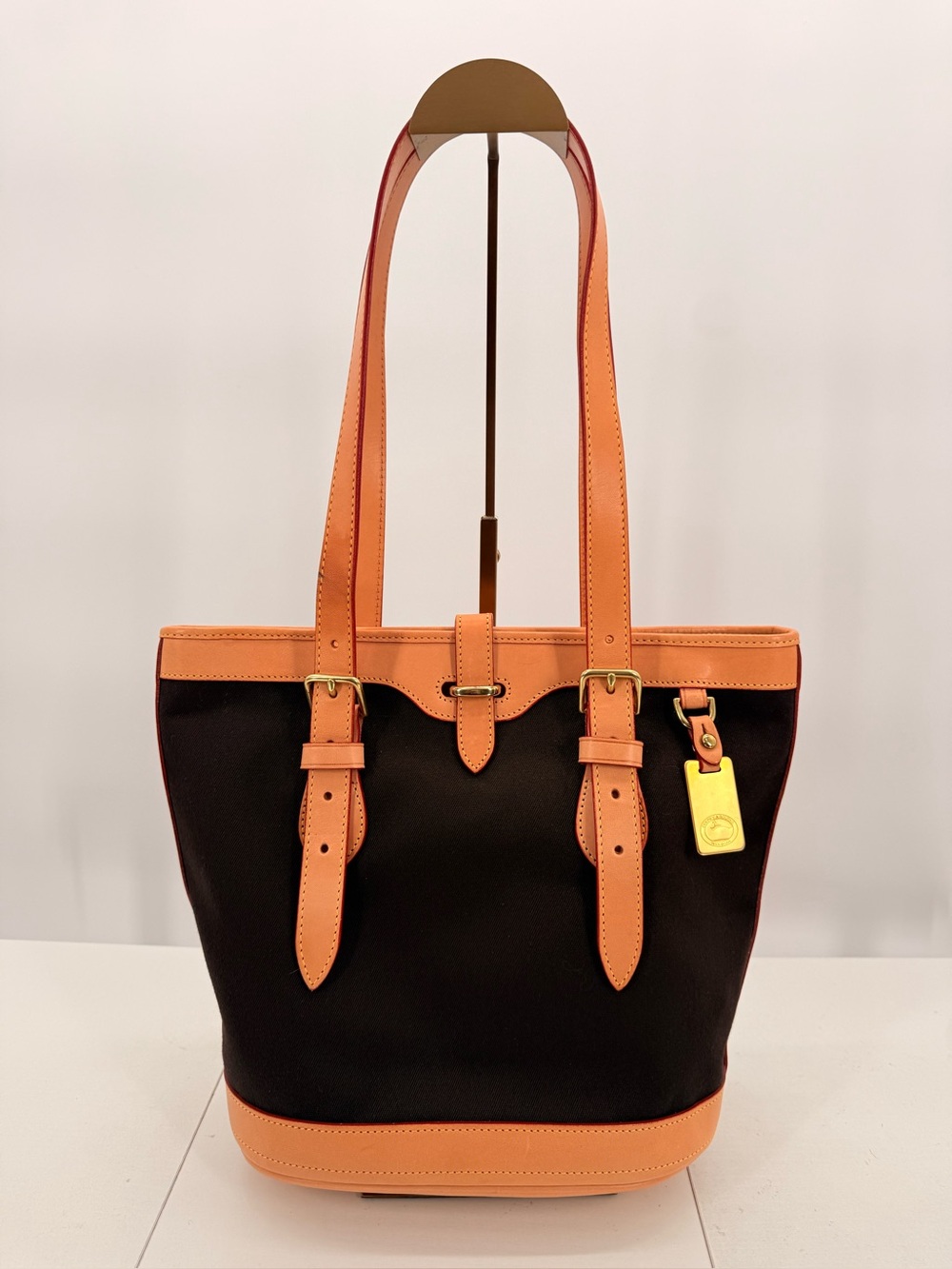DOONEY & BOURKE Small Bucket Bag Black Canvas British Tan Leather Tote